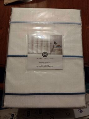 Hotel Collection White Shower Curtain with Light Blue Stripe
